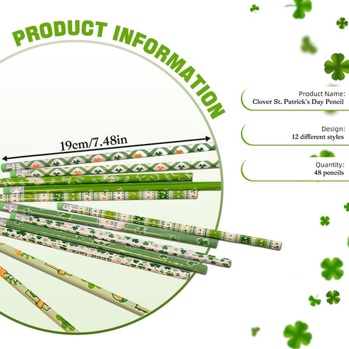 48 Pack St. Patrick's Day Themed Pencils, 12 Styles Green Shamrock and Leprechaun Design, Perfect for Party Favors, Classroom Rewards, and Irish F...