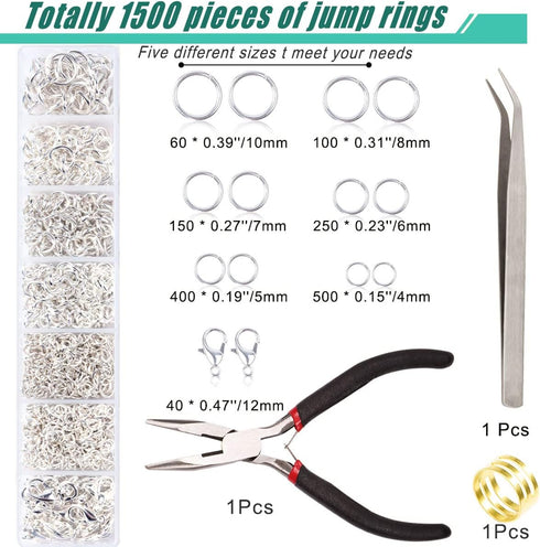 Jump Rings for Jewelry Making Kit, 1500pcs Jewelry Repair Kit for Necklace Bracelet, Lobster Clasps and Closures Repair Supplies Kit with Pliers T...