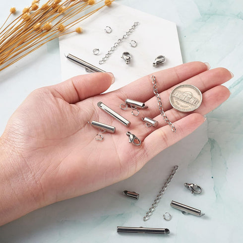 Beadthoven 260pcs 8sizes Stainless Steel Tube Slide On End Clasps with Twist Extender Chains Jump Rings Lobster Claw Clasps Crimp Cord Ends Findin...