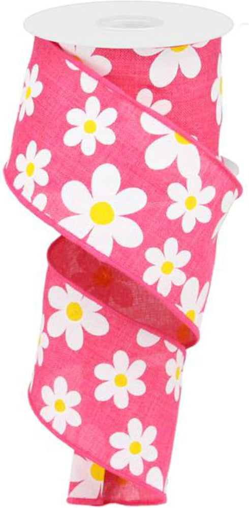 2.5" Flower Daisy Ribbon: Hot Pink (10 Yards) Summer Spring Floral Wired Ribbon RG0193511...