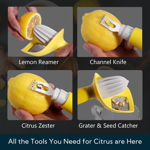 KITCHENDAO Lemon Zester Bar Tool 4 in 1, Citrus Lime Zester Peeler, Channel Knife, Citrus Reamer, Grater, Seed Pip Catcher to Avoid Mess, Soft-Tou...