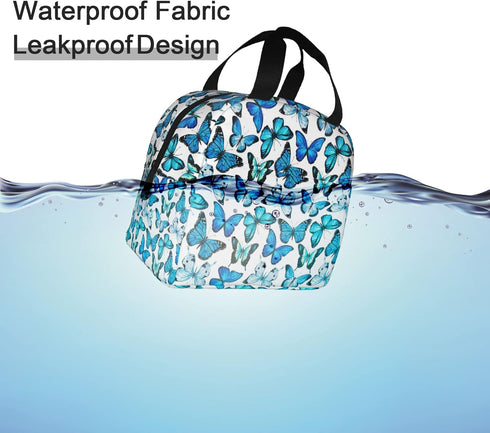 Insulated Lunch Bag Box for Women with Blue Butterfly Print Cooler Thermal Waterproof Reusable Tote Bag with Big Pocket for Work Office Picnic Col...