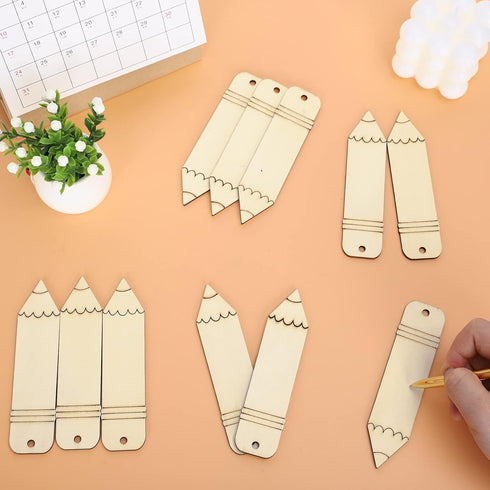 Whaline 50Pcs Back to School DIY Craft Cutout Wooden Pencil Shaped Hanging Ornaments with Hemp Rope for First Day of School Classroom Party Decora...