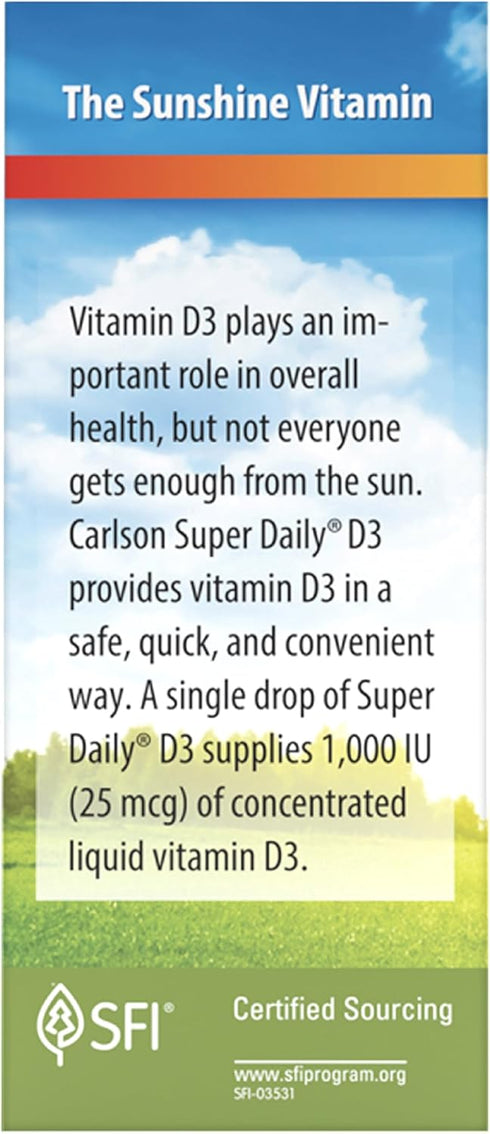 Carlson - Super Daily D3, 6000 IU (150 mcg) per Drop, Liquid Vitamin D3, 1-Year Supply, Non-GMO, Unflavored, 365 Vegetarian Drops (10.3 mL)...