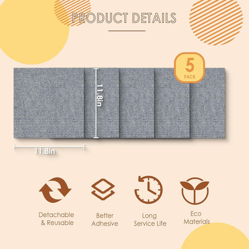 Cat Scratching Mat 11.8" x11.8”(5 Pack), Trimmable Self-Adhesive Cat Scratcher, Replacement Carpet for Cat Tree Shelf Shelves Cat Scratch Post, Sc...