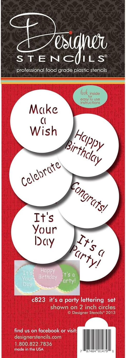 Designer Stencils It's a Party Cookie Stencil Set, (HAPPY BIRTHDAY - CONGRATS - IT'S A PARTY - MAKE A WISH - CELEBRATE), Beige/semi-transparent...