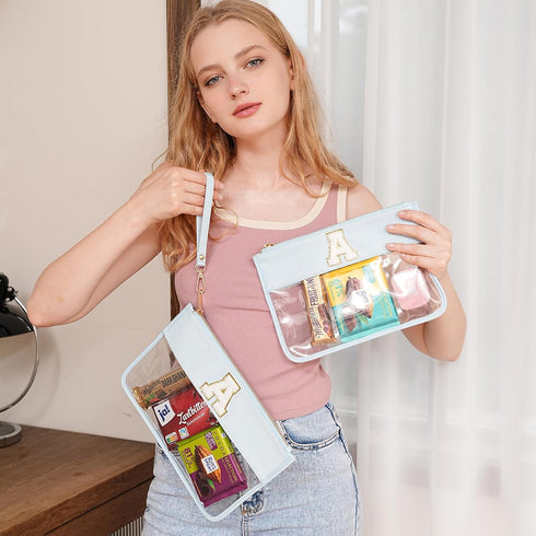 Clear Makeup Bag Set 2pcs Glitter Chenille Monogram Snacks Bag Travel Essentials Flat Zipper Pouch Cosmetic Brush Bag for Women (Blue Set-A)...