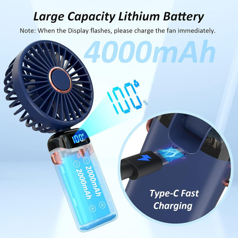 Personal Fan, Portable Hanging Neck Fan, 4000mAh USB-C Rechargeable 5-Speed Modes Powerful Desktop Fan with Base, Max 16H Run Time, Adjustable Lan...