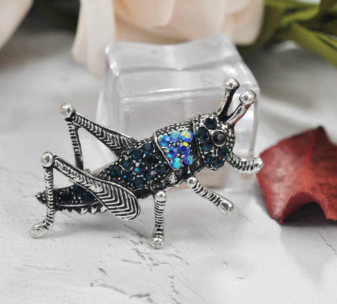 Gyn&Joy Blue Crystal Rhinestones Grasshopper Jump Cricket Insect Brooch Pin...