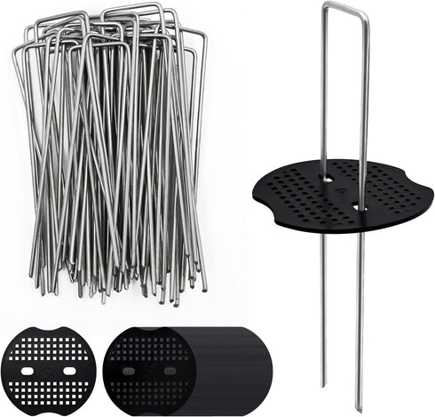 40 Pack 6 Inch Landscape Staples & 40pcs Fixing Gasket Sets, Garden Stakes Galvanized Steel Fabric Pins Heavy-Duty U Shape Sod Turf Pins for Groun...
