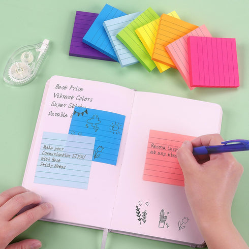8 Pads Lined Sticky Notes 3x3 Sticky Notes with Lines Self-Stick Note Pads 8 Bright Multi Colors, 85 Sheets/Pad...