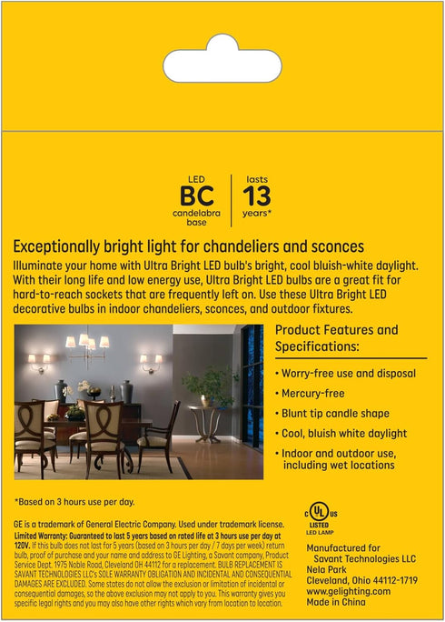 GE Ultra Bright LED Light Bulbs, 100W, Daylight Candle Lights, Clear Decorative B12 Light Bulbs (3 Pack)...
