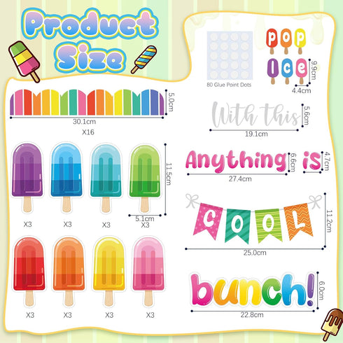 53 Pcs Summer Bulletin Board Decorations Set Ice Pop Classroom Decor Ice Lolly Paper Cutouts with Bulletin Board Borders for Summer Ice Cream Part...
