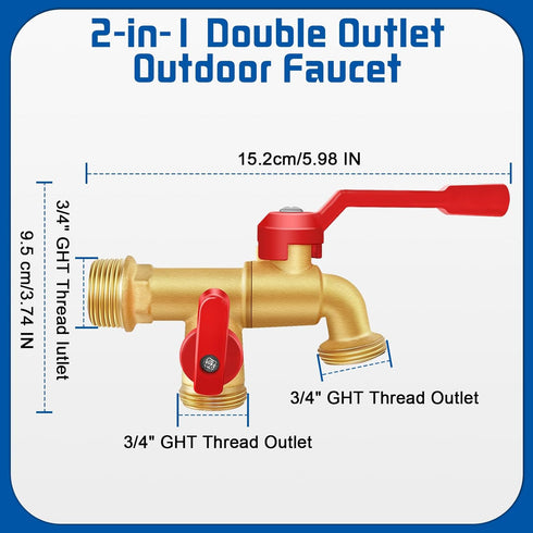 Boltigen Brass Outdoor Double Taps Water Faucet, 3/4 GHT Wall Mounted Garden Water Ball Valve Splitter, Frost-Proof Outside Spigot Faucet for Outd...