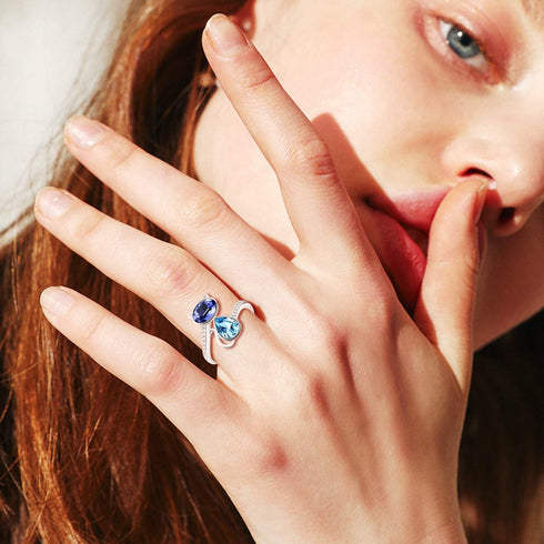 AOBOCO Sterling Silver Cat Ring, Blue Purple Crystals from Austria, Cute Pet Kitten Kitty Adjustable Open Ring, Cat Gifts for Lovers, Anniversary ...