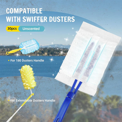 30 Count Duster Refills Compatible with Swiffer Dusters 180 / Extendable Handle Dusters, 180° Heavy Duty Multi-Surface Duster Replacement with 1 E...
