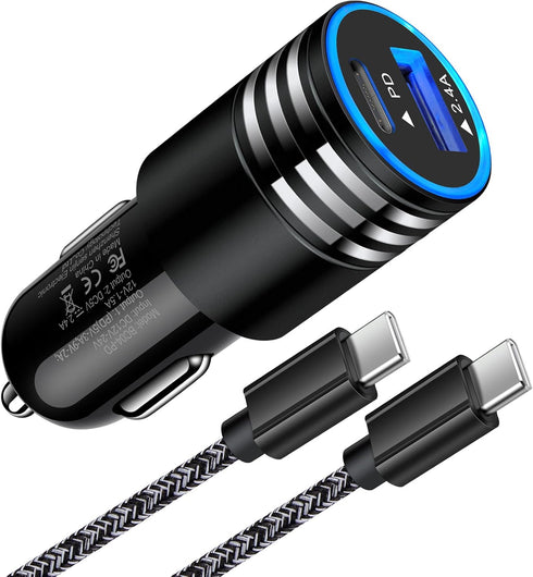 USB C Car Charger, 30W Fast Car Phone Charger Adapter 3FT USB C to USB C Cable for iPhone 15/15 Pro/15 Pro Max/15 Plus, Samsung S24 S23, Google Pi...