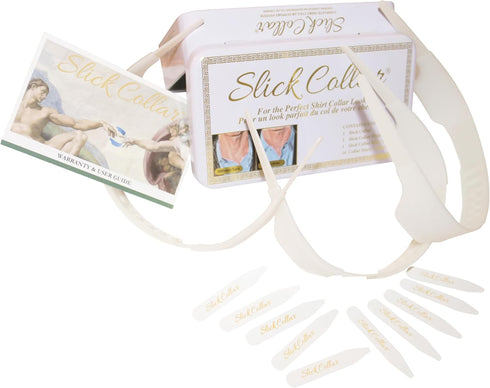 Slick Collar Shirt Collar Support System set with 3 adjustable, 10 premium Collar Stays & a Durable tin Travel EDC Box in White...