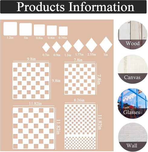 9Pcs Checks Diamond Stencils, Harlequin Checkerboard Stencils Assorted Sizes Square Diamond Shape Templates Reusable Diamond Checks Stencil for Pa...