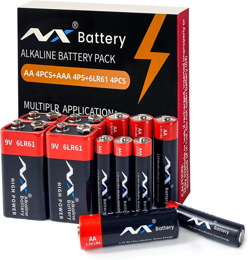 9V 4Counts+AA 4Counts+AAA 4Counts Battery,12Pack Combo Pack Super Alkaline Batteries, Ultra Long-Lasting Alkaline - 10-Year Shelf Life...