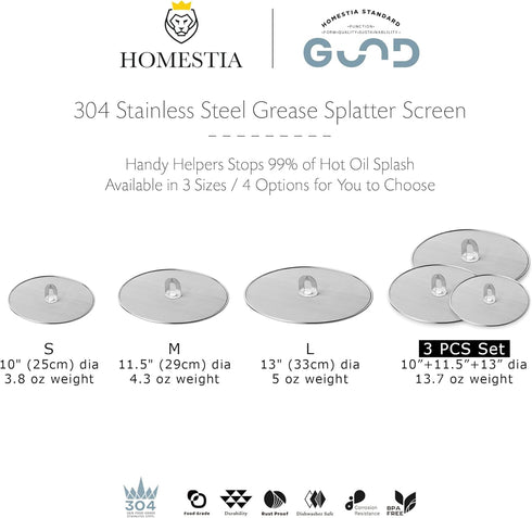 Homestia Grease Splatter Screen for Frying Pan Available in 10"/11.5"/13" with Fold Flat Knob Fine Mesh Cooking Splash Guard Skillet Splatter Shie...