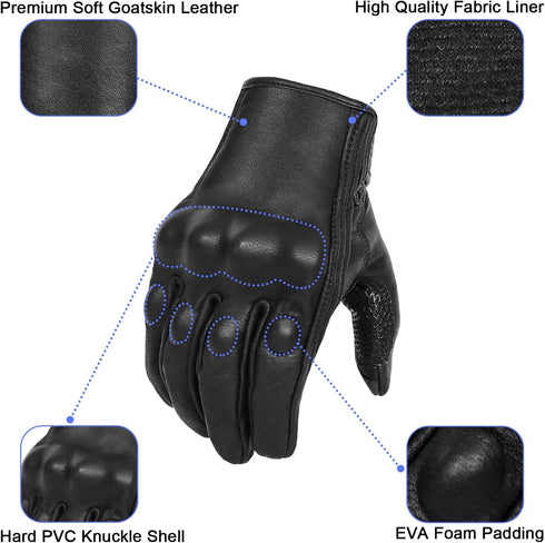 Updated Full Finger Leather Motorcycle Gloves Phone Touch Goat Skin Black Motorbike Riding Gloves (Updated,Non-Perforated, L)...