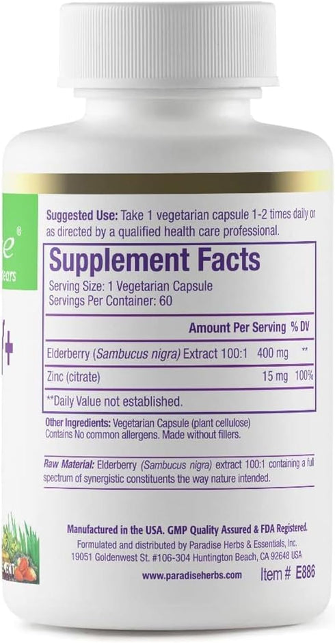 Paradise Herbs Elderberry with Zinc Extract, Supports Body's Natural Defenses, Super Potent, Ultra Pure, Vegan, Non GMO, Gluten Free, 60 Vegetaria...