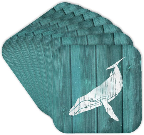 3dRose Humpback Whale Stencil in Faded White Paint Over Teal- Not Real Wood - Soft Coasters, Set of 8 (CST_220427_2)...