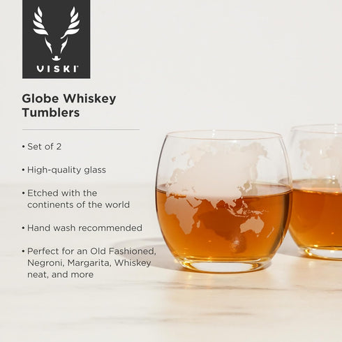 Viski Globe Glass Whiskey Tumblers, Etched Glass Whiskey Enthusiast Gift and Glassware Accessory, 10 oz, Set of 2...