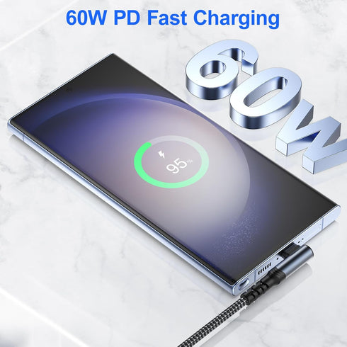 Pofesun 60W USB C to USB C Cable (1ft 3Pack), C to C Type Fast Charging Cable Braided USB C Charger Cable, USBC to USBC Cable Right Angle for Sams...