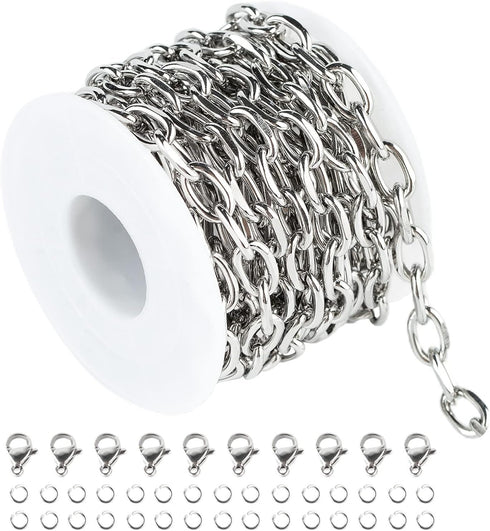 UMAOKANG 304 Stainless Steel Rolo Cable Chains Findings for Jewelry Making Men Women Necklace Bracelet DIY Supplies Silver Chain On Spool with Jum...