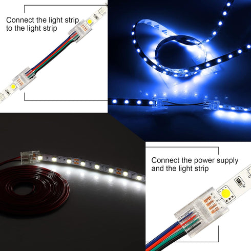 20 Pack 4 Pin 10mm Solderless LED Strip Connector Transparent Track Lighting Connectors LED Pin Connector, with Wire Strip Lights 16.4ft LED Strip...