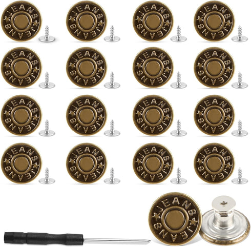 16 PCS Jeans Buttons, No Sew Jean Button Replacement with Screwdriver Reusable Pants Button Tightener for Waist Buttons for Loose Jeans Trousers A...