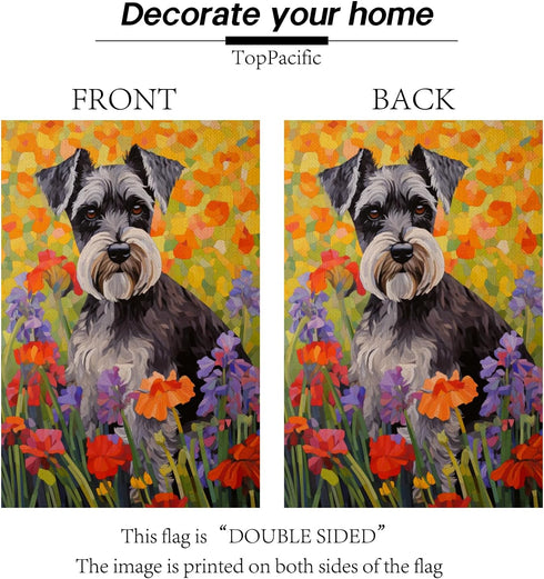 Schnauzer Welcome Spring Garden Flag 12x18 Double Sided, Burlap Small Daisy Pansy Flower Garden Yard House Flags Outside Outdoor Summer Porch Lawn...