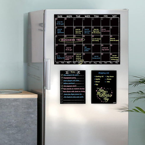 Magnetic Chalkboard Monthly Calendar with neon Bright Liquid Chalk Markers – Black Refrigerator Monthly Planning Board w/Bonus - Grocery List and ...