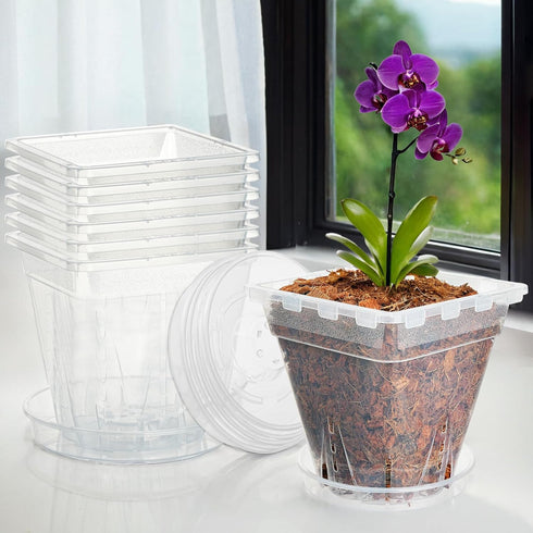 Orchid Pot, 7 Pack 6 Inch Clear Square Plastic Breathable Orchid Pots for Repotting, Plant Potswith Holes and Saucers for Indoor Plants, Spider Pl...