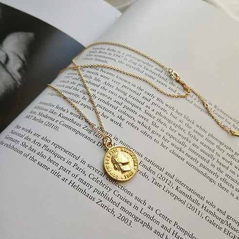 Dtja Carved Gold Coin Pendant Necklace for Women Girls 925 Sterling Silver 18K Gold Plated Simple Round Chain Goddess Worship Celebrity Medal Reve...