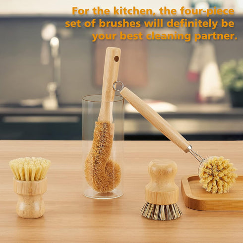 Bamboo Dish Brushes Sets 4 Tools in One Kitchen Clean Dish Scrubber for Pots Pans Bottles with Natural Bristles (Bamboo Brushes Sets)...