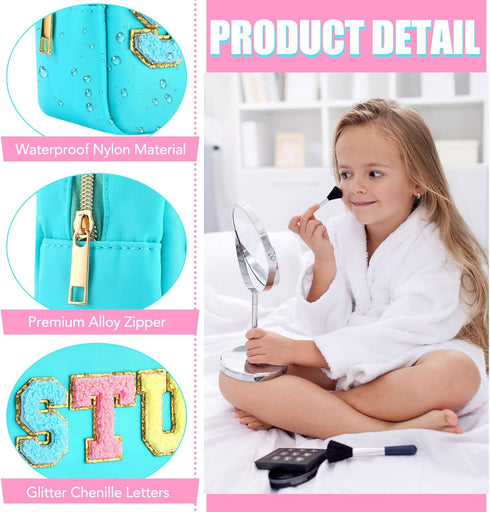 3 Pcs Preppy Makeup Bag Chenille Letter Nylon Cosmetic Bags Travel Varsity Letter Skin Stuff Bag Organizer Pouch Travel Bag Set for Women Girls (B...