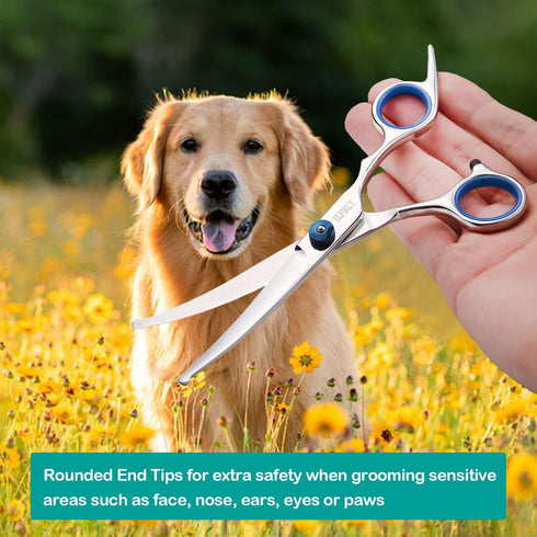 Dog Grooming Scissors Set with Safety Round Tip (2 Pack - Curved Scissors Thinning Shears for Grooming) Pet Grooming Shears with Grooming Comb for...