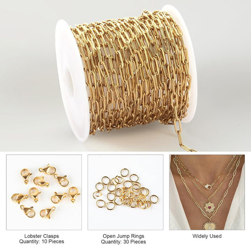 Kyutong 5M Gold Plated Necklace Chain for Jewelry Making 304 Stainless Steel Paperclip Chain Roll with Lobster Clasps and Jump Rings for Men Women...