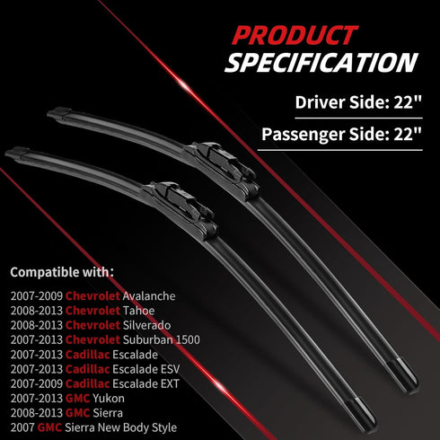OTUAYAUTO Premium Windshield Wiper Blades - Replacement for Chevrolet Silverado Tahoe 08-13, Suburban 07-13, Avalanche 07-09 - Precision Fit, All-...