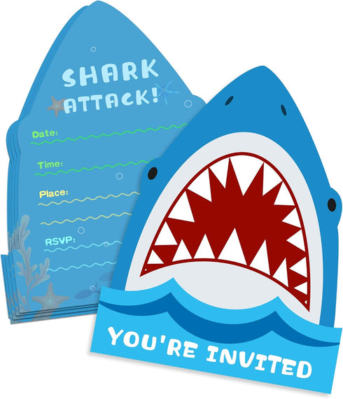 Yangmics Direct 25 Pack Shark Birthday Party Invitations with Envelopes-Double Sided -Shaped Fill-In Invitations-Shark party supplies...