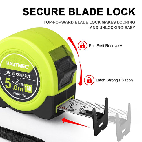 HAUTMEC 16Ft Tape Measure with Fractions 1/8,Multi-Catch Hook Retractable Measuring Tools,Heavy Duty Green Compact Case for Construction, Carpente...