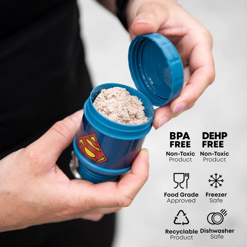 Justice League Whey2Go Funnel 3.7 oz (50 g / 0.11 lbs) (Superman) – BPA Free - DC Comics Protein Shakes Bottle Storage for Men...