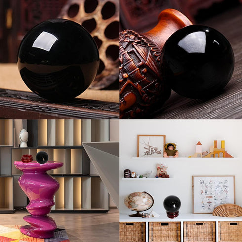 JIC Gem Small Black Obsidian Sphere Ball with Wooden Stand for Fengshui Healing Crystal Decoation Meditation Ball (2.2", 55mm)...