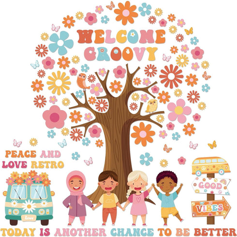 115Pcs Groovy Classroom Tree Bulletin Board Decorations Set Motivational Welcome Accents Tree Wall Bulletin Decor Boho Daisy Owls Cut-Outs for Bac...