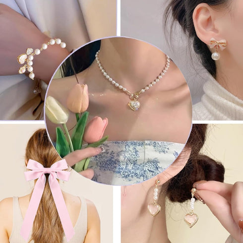 Pearl Coquette Jewelry Set 5PCS - Pearl Bow Earrings Pink Bows for Hair for Women Pearl Choker Necklace Coquette Accessories Trendy Gifts...