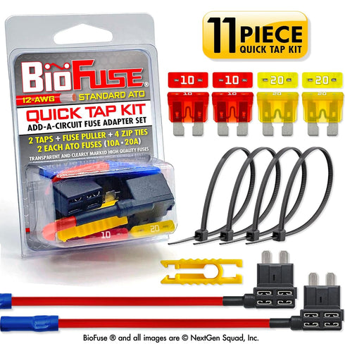 12 AWG Standard ATO Quick TAP KIT: 2 Add-A-Circuit Car Fuse Tap Adapters, 2 Each (10A 20A) Regular Fuses, 4 Zip Ties, Fuse Puller (Blade Group: AT...