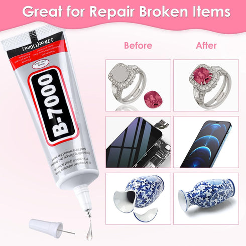 B-7000 Rhinestones Craft Glue, 110ML Clear Adhesive B7000 Glue Multipurpose Gem Glue with Precision Tips for DIY Art Fabric Cell Phones Metal Jewe...